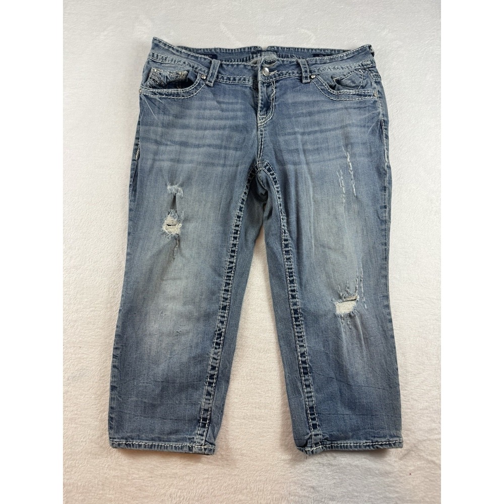 Vigoss The Chelsea Capri Jeans Sz 18 Faux Flap Embellished Metallic Stretch
